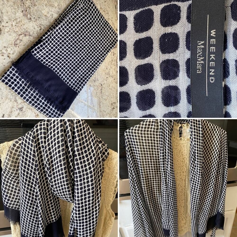 Weekend MaxMara $250 Navy White Eyelash Fringed Silk Shawl Scarf Wrap 40” x 68”